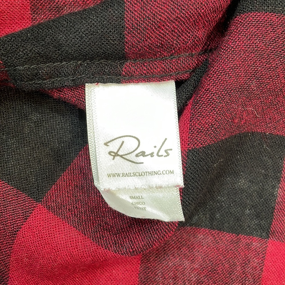 Rails Blouse Top S Plaid Red and Black V Neck Popover Frayed Hem - Picture 7 of 10